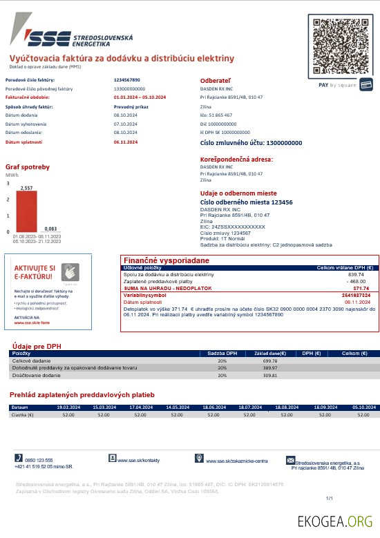 Modèle de facture de services publics pour les entreprises Slovaquie Stredoslovenka Energetika aux formats Word et PDF